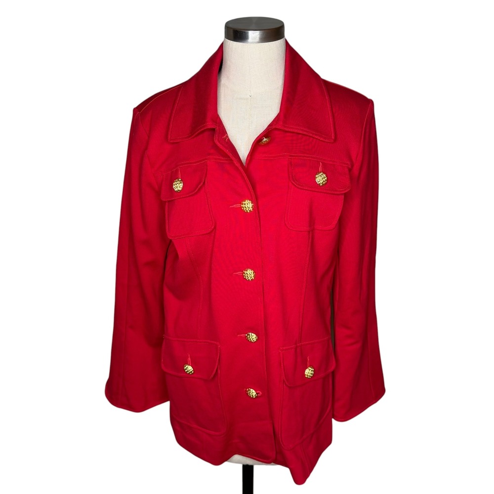CABI‎ Broadcast Jacket Bold Red Gold Crest Button Military Women's Size Med 6671